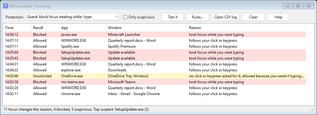 NoFocusSteal log window listing focus changes: Teams, an updater and a game launcher blocked while typing; OneDrive's invisible window flagged as unsolicited.